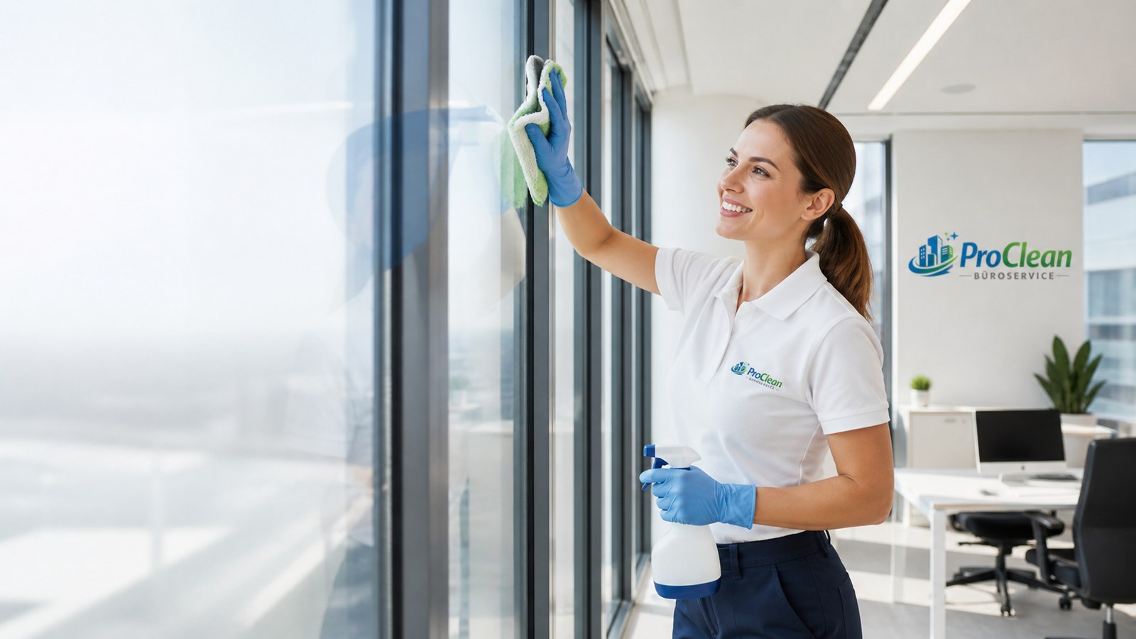 Mitarbeiterin reinigt große Fenster in einem modernen Büro